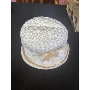 Vintage Woven White Ladies Hat with Ribbon Detail